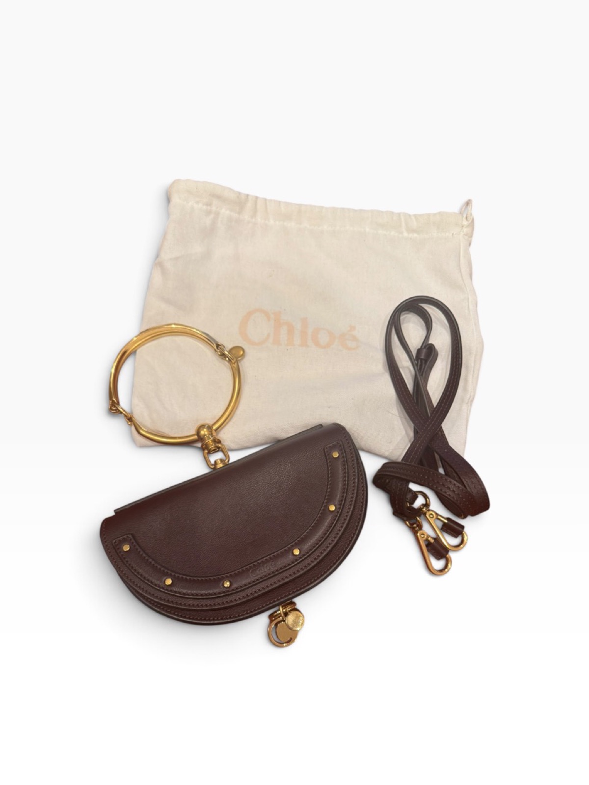 Chloé Nile minaudière in brown leather with gold bracelet handle